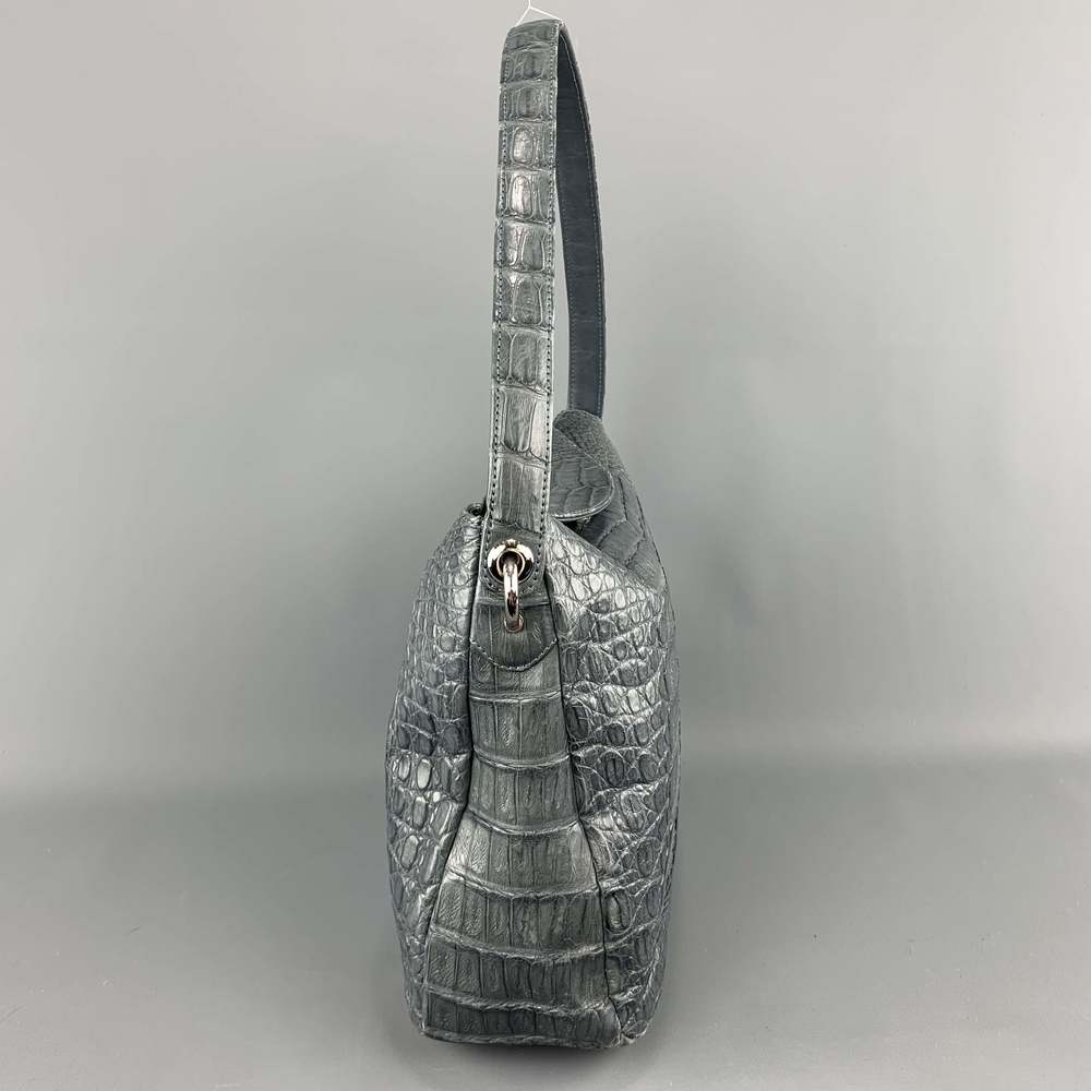 Muted Blue Grey Crocodile Skin Leather Top Handle Handbag - Picture 3 of 11